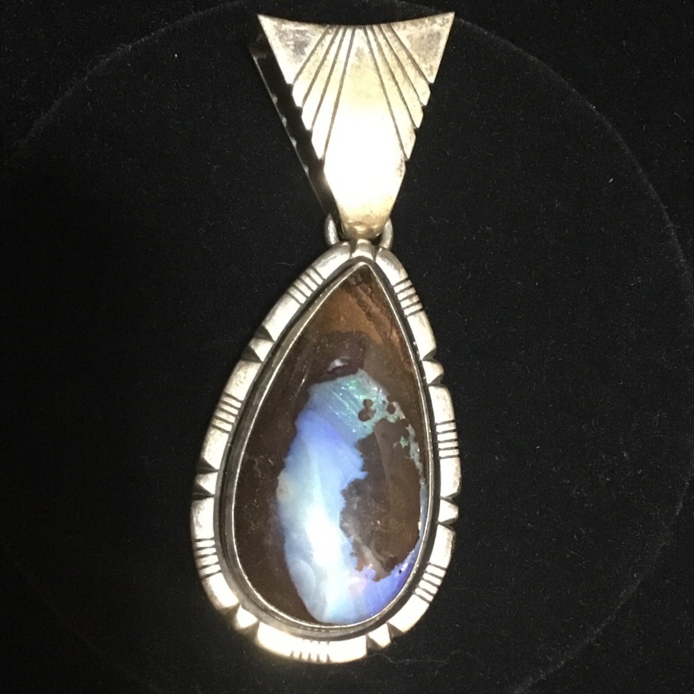 Sterling Silver Teardrop Opal Pendant - Blue Brown